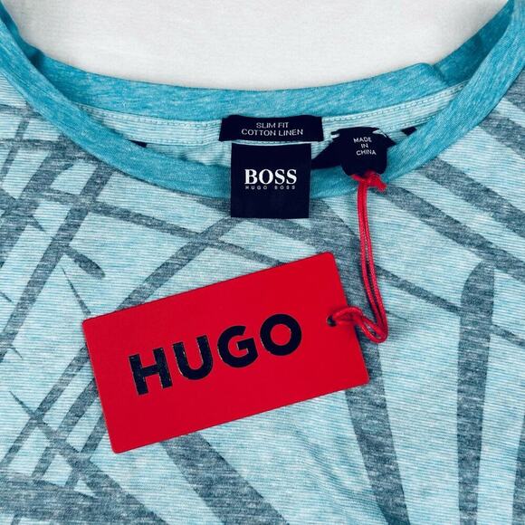 Hugo Boss Men’s Large Blue Cotton Linen Short Sleeve Slim Fit T-Shirt - Picture 7 of 12